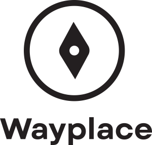 A black compass icon inside a circle above the bold black text Wayplace on a white background.