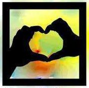 Black silhouette of two hands forming a heart shape inside a square frame, with a colorful yellow and green background. The text below reads Hoseas Heart.