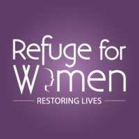 Logo with the words Refuge for Women in white on a purple background, featuring the silhouette of a womans face inside the letter W. Below, in smaller text, it reads Restoring Lives.