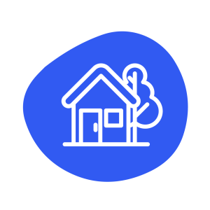 Simple white line drawing of a house with a door, window, and tree beside it, centered on a blue irregular circle background. The minimalist, icon-like design invites you to join this welcoming space set against a light gray backdrop.