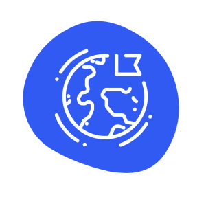 A white outline of a globe with Europe and Africa visible, featuring a flag icon on top, invites you to join in, displayed on a blue irregular circular background.