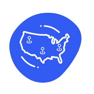 Simple illustration of a white outline of the United States on a blue blob background, with four location pins marking different areas across the country—inviting you to join communities coast to coast.