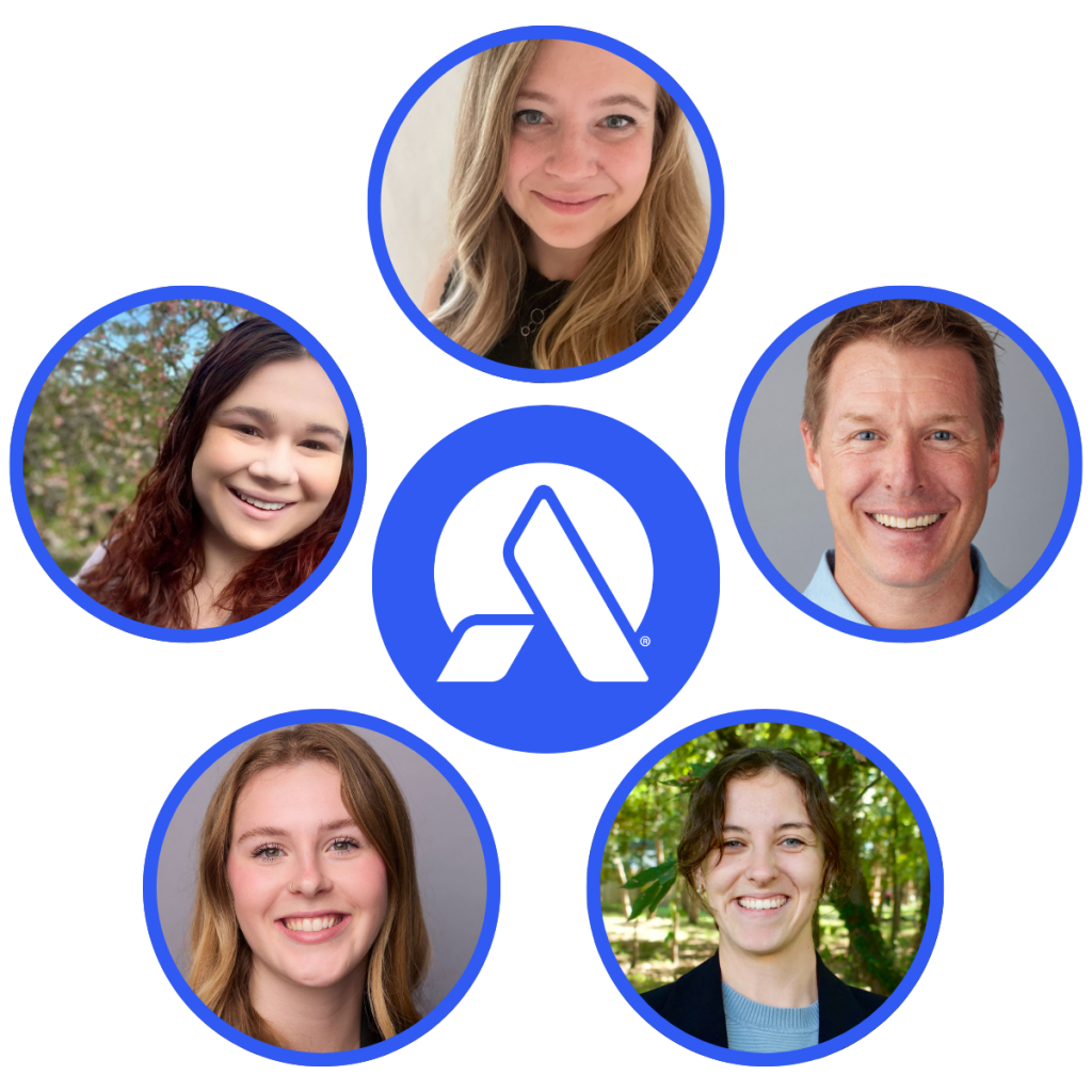 Five people smiling in profile photos are arranged in a circle around a central blue and white "A" logo, inviting you to join. The background is light, and each photo features a distinct blue border.