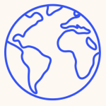 A simple blue line drawing of a globe showing distorted outlines of continents, enclosed within a circle, on a white background.