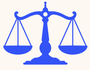 A blue icon of balanced scales of justice, symbolizing fairness and equality.